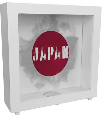 Rahmen Spardose aus Holz mit Japan-Flagge im Used Look - Sparschwein für Urlauber eine schöne Sparbüchse mit der japanischen Nationalflagge verziert um auf die Reise nach Japan zu