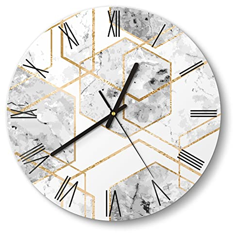 DEQORI Glasuhr | rund Ø 30 cm | Motiv Goldgerahmte Sechsecke | ausgefallene leise Design Uhr aus Glas | Wanduhr für Wohnzimmer & Küche | Moderne Hingucker Uhr für die Wand