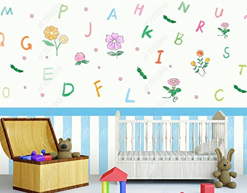 Papier Peint Intissé Alphabet Anglais De Dessin Animé Plante Fleur Chambre D'Enfant Intissé Décoration Murale Salon Chambre Art Mural 250(W) X175(H) Cm