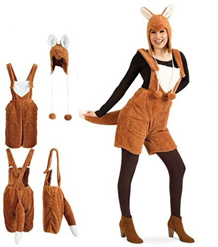 KarnevalsTeufel Latzhose Fuchs inkl. Mütze Kostüm Waldtier aus Teddyplüsch kurze Hose mit Fuchsschwanz für Theater, Mottoparty u.v.m. (M)