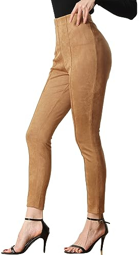 Allegra K Damen Casual Pants | Freizeit-Arbeitshose mit hoher Taille, Wildleder-Stoff, elastischer Bund, braune Leggings, Stretch, schmale Passform