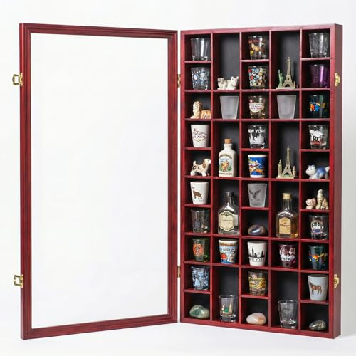 Furnishh Schnapsglasvitrine mit 52 Schlitzen und abschließbarer Tür, Massivholzschrank, Sammelhalter, Wandmontage, Schnapsglas-Präsentationsbox mit abnehmbaren Regalen, 43,2 x 81,3 cm, Mahagoni