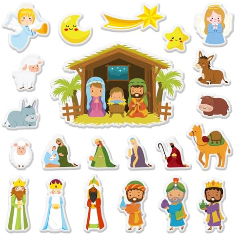 Whaline 2 Bögen Weihnachts-Gel, dick, Cartoon-Weihnachtskrippe, Fenstergel, entfernbar, Heiliger Jesus, Geburt, Fensteraufkleber für Zuhause, Klassenzimmer, Kinderzimmer, Pinnwand