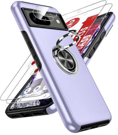 LeYi for Google Pixel 8 Phone Case with 2 Screen and 2 Lens Protector | with 360 Ring Holder Stand Magnetic Shockproof Heavy Duty Protective Phone Cover for Google Pixel 8 Purple