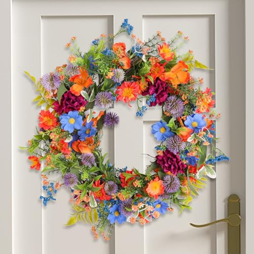 20 Colorful Wildflower Spring Summer Wreath with Green Leaves, Floral Artificial Wreath for Front Door Home Wall Wedding Farmhouse Holiday Outdoor Indoor Décor (Orange)