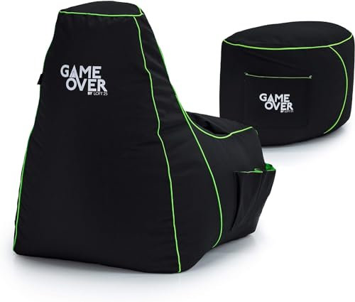 Game Over Video Gaming Sitzsack Spielen Stuhl und Fußhocker | Drinnen Draußen Wasserbeständig Bean Bag | Seitentaschen für Controller | Headset Halter | Ergonomisches Design (Magischer Smaragd)