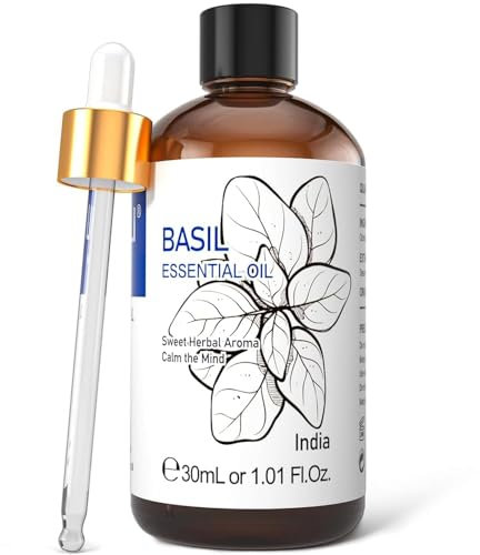 HIQILI 30ml Basil Essential Oil, 100% Pure Undiluted for Skin, Diffuser - 1 Fl Oz