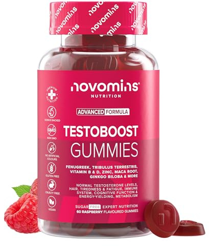 Testosterona Hombre | 60 Gominolas | Maca, Tribulus Terrestris | Novomins | con Fenogreco, Zinc y Vitamina D | Energía, Musculación y Libido | Vegano y Sin Gluten | Gominolas de Testosterona