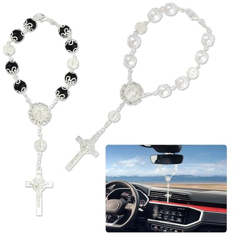 Auto-Rosenkranz für Auto-Dekoration, personalisiertes Kreuz für Autospiegel zum Aufhängen mit Kreuzanhänger und Rosenkranz, stilvolles Auto-Hängeornament, Autozubehör, Innenraum für Auto, SUV, LKW