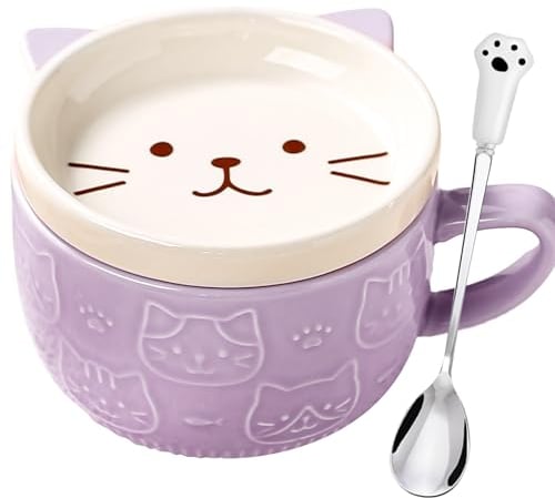 BigNoseDeer Gifts for Women Her Cute Kawaii Purple Cat Coffee Mugs with Lids Spoon,Novelty Animal Coffee Ceramic Cup Dessert Saucer Set,Christmas Japanese Birthday Gifts for Girls Friend Kid