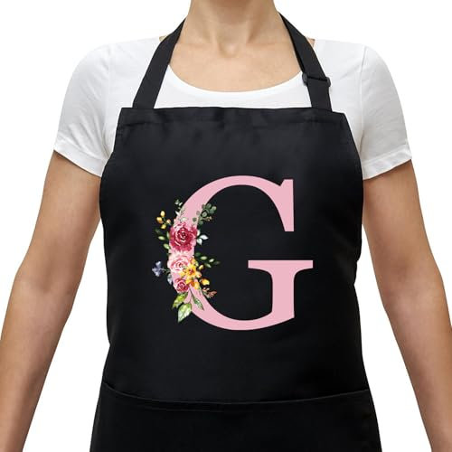Personalisierte Initialen Schürzen Damen, Kochschürze Baumwolle Verstellbare Küchenschürze mit Taschen zum Kochen, Backen, Geschenk für Frauen Mama Oma Freundin zum Geburtstag Muttertag Weihnachten G