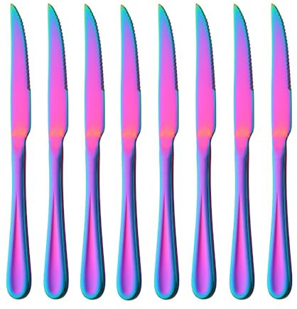 SBOMHS Set of 8 Serrated Steak Knives Table Knives Stainless Steel Dinner Knives Set 9 Inches (Rainbow)