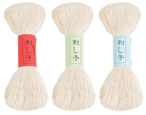 FREEBLOSS Filo Sashiko da 300 m, 3 matasse, 100% cotone, per trapuntatura e ricamo giapponese, per cucire a mano, filo spesso per ricamo giapponese, filo da ricamo