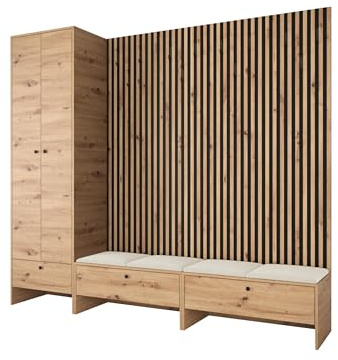 Mirjan24 Garderoben-Set Melire VI, Schuhschrank Kleiderschrank Lamellen Paneel mit 12 Kleiderhaken Gepolstertes Paneel/Wandpaneel Kleiderstange Wandgarderobe Flurgarderobe (Eiche Artisan, Manila 02)