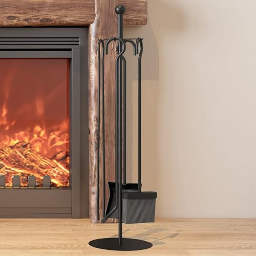Kingson Lot de 5 accessoires pour brûleurs à bûches Noir Diamètre 18 cm Hauteur 68 cm Comprend une pelle, un tisonnier, une brosse, une pince et un support Accessoires pour brûleur à bûches