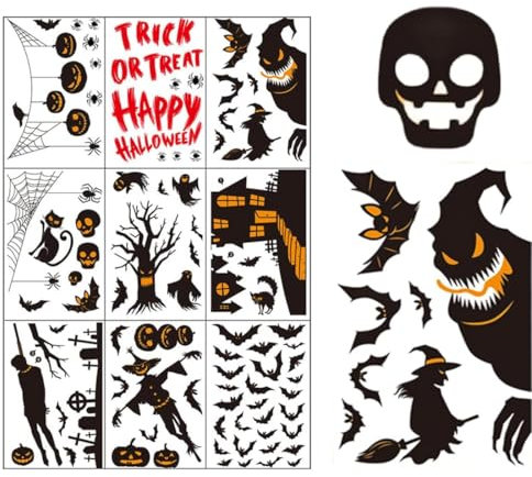 Pegatinas de Ventana de Halloween, 9 Hojas uego de Pegatinas Reutilizables, Pegatinas para Ventanas con calavera calabaza murciélago araña fantasma, Decoración Pegatinas de Ventanas PVC Doble Cara