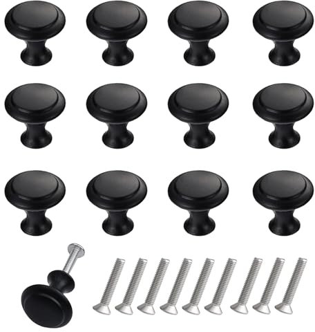 12PCS Cabinet Knobs, Premium Door Drawer Knobs Dresser Pull Knobs, Round Cupboard Handles Drawer Handles with Screws, for Kitchen Bedroom Furniture (Black)