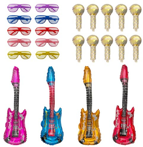 30PCS Inflatable Party Props,Inflatable Guitar+Inflatable Microphone+Colored Glasses,Decorative Accessories,Photo Booth Props,Musical Instrument Ballons,Inflatable Toys for Carnival Birthday Party