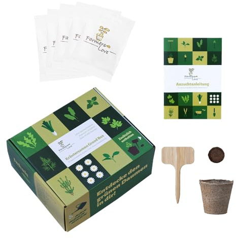 Farmers Love | 15 ausgewählte Kräutersamen | Anzuchtset für Kräuter | Geschenkset | Saatgut für Küche, Balkon o. Garten | inkl. Anzuchtanleitung | 10 Quelltabs | 6 Pflanzschilder | 6 Anzuchttöpfe