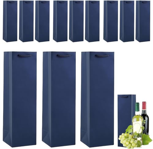 Kraft Paper Wine Bottle Bags With Strong Rope Handles - 12 Pack Navy Blue Gift Bags for Whiskey, Champagne - Christmas, Wedding, Birthday Party