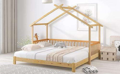 Azkoeesy Ausziehbare Kinderbett Tagesbett 200 x 90-180 cm, Hausbett mit Lattenrost und Gitter, Jugendbett, Holzbett, Kiefernholz, Natur