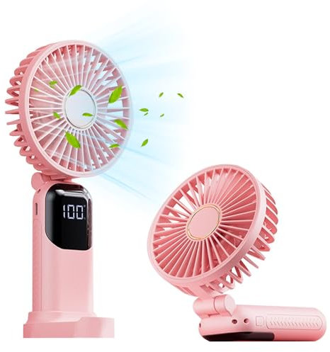 WUBAYI Handheld Fan with LED Display, USB Rechargeable 5-Speed Portable Fan, 180° Foldable Mini Desk Fan, 12H Quiet Cooling for Travel, Office, Home & Bedroom