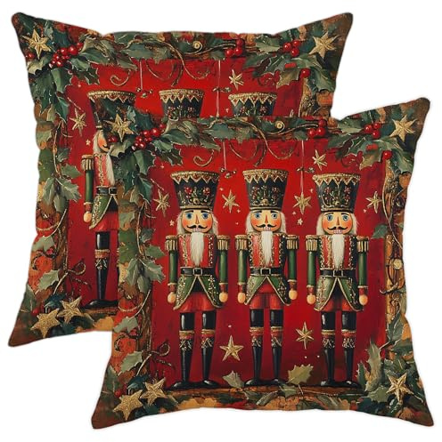 Nutcracker Christmas Throw Pillow Covers, Red Holiday Decorations for Couch Sofa, Festive Velvet Cushion Covers for Winter Home Decor, Family Living Room Accents 18x18 Inch