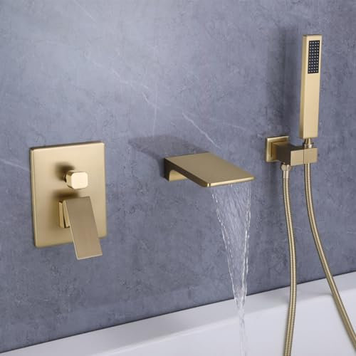 Badewannenarmatur Wasserfall Gebürstetes Gold Wannenarmatur mit Brause Einhand Mischbatterie Dusche Unterputz