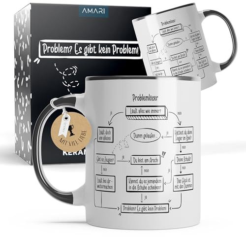 Amari ® Problemlöser Tasse – Lustiger Kaffeebecher mit Spruch und Flussdiagramm – Geschenkidee für Männer, Kollegen, Freunde – Büro Tasse – Witziger Becher für Arbeit & Alltag