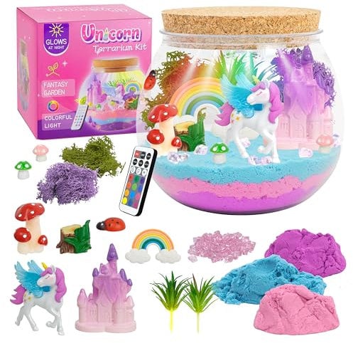 Einhorn Terrarium für Mädchen, Bastelset mit Fernbedienung und bunten Lichtern, Nachtlicht für Geburtstage oder Kindertag, pädagogische Wissenschaftliche Bastelsets für Mädchen Alter 4–12 Jahren