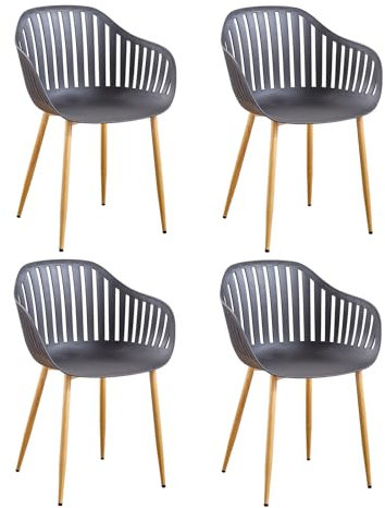 JZGORC Juego de 4 Sillas de Comedor, Silla Cocina con Reposabrazos, Silla de Polipropileno con Respaldo Hueco y Patas de Metal para Sala, Balcón, Jardín - Negro