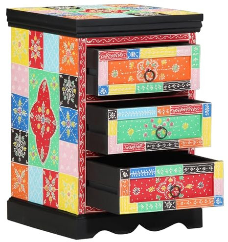 vidaXL Bunte Bohemian Kommode mit 3 Stauraumeinheiten aus natürlichem Holz Dekorationsstück für Schlafzimmer und Wohnzimmer Einzigartiges geometrisches Design Glatte Oberfläche Kompakte Größe