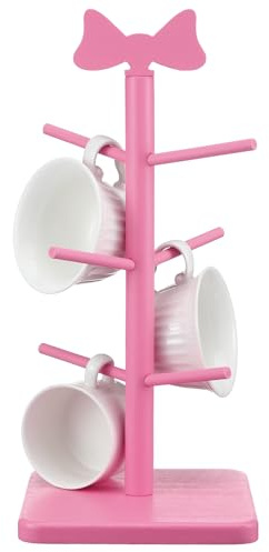 DoubleFill Pink Bow Mug Holder Tree Decorative Wooden Pink Coffee Cup Holder with 6 Hooks Coquettish Wood Mug Rack Standing Cute Countertop Cup Tree for Coffee Bar Kitchen Home Accessories