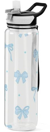 voucong Wasserflasche mit niedlicher blauer Schleife, 900 ml, mit Tragegurt, Tritan, kein BPA, ungiftig, wiederverwendbare Kunststoff-Wasserflaschen für Fitness, waschbar
