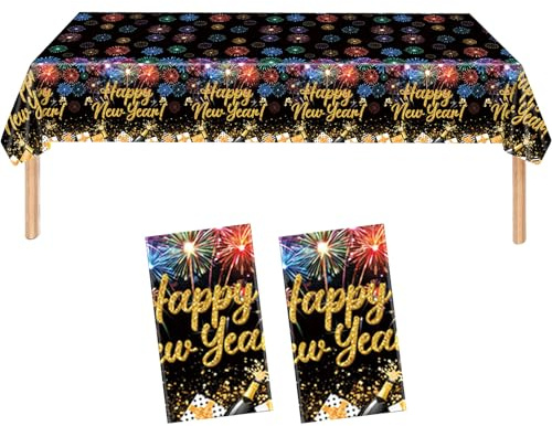 2 Stück Party Tischdecke Silvester Deko 2027,Happy New Year Tischdecke | Schwarz Gold Einweg Tisch Tischdeko,Year's Eve Tischfeuerwerk Tischdecken Decoration,Neujahr Frohes Tablecloth für Decoration
