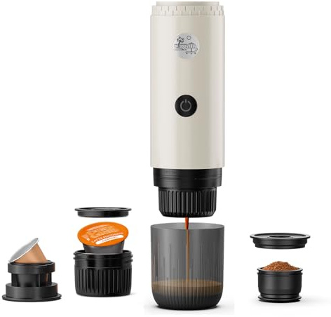 RECAFIMIL Machine à café portable 3 en 1, machine à expresso portable 19 bars avec chauffage automatique, compatible avec les capsules NS et DG et le café moulu pour le camping et les voyages (blanc)