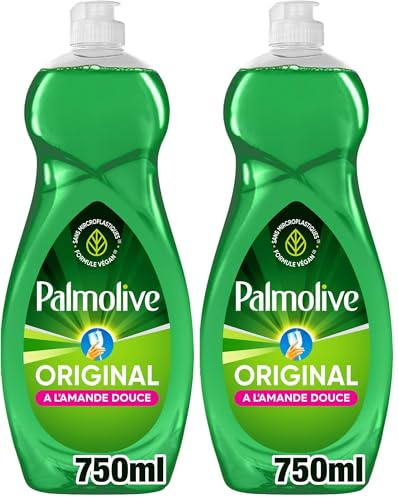 PALMOLIVE - Liquide Vaisselle Palmolive Original à l'Amande Douce - Respectueux de la Peau - Produit Dégraissant Pour une Vaisselle Étincelante - Flacon 750 ml (Lot de 2)