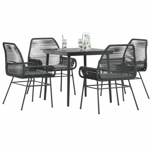 Ziaphsol Salon de jardin 5 pièces en polyrotin noir, plateau en verre, table de 80 x 80 x 74 cm, 4 chaises avec coussins, meubles d'extérieur durables