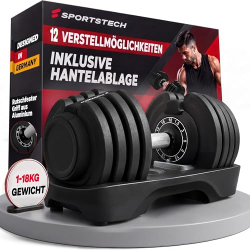 Sportstech Ironmate verstellbare Hantel 18/24/40kg | Kurzhantel mit 12-16 | Gewichtsstufen Schnellverstellung, Hantelablage | Krafttraining Zuhause, rutschfest, platzsparend, Sicherheitsverriegelung