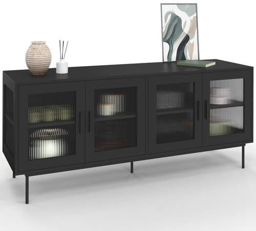 IDMarket - Sideboard 140 cm ZINEB 4 Glastüren geriffelte Front schwarz