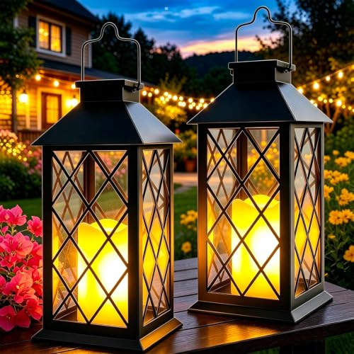 Cozymeow Lanterne Solaire Exterieur, 2 Pièces Suspension Lampe Solaire | Bougie LED Flamme Vacillante,IP44 Étanche Deco Jardin Exterieur pour Table Terrasse Funeraire Balcon Decoration, Noir
