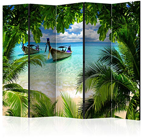 decomonkey Paravent Raumteiler Innen Meer 225x172 cm 5 Teilig Einseitig Room Divider Wall Raumteiler Stehend Trennwand Sichtschutz Spanische Wand Sichtschutzwand Wohnzimmer Holz Palme Strand