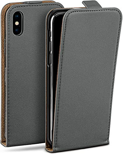 moex Flip Case für iPhone X/iPhone XS Hülle klappbar mit 360 Grad Schutz, Handyhülle mit Displayschutz, PU Leder Handytasche Lederhülle, Flip Case Cover Klapphülle, Grau