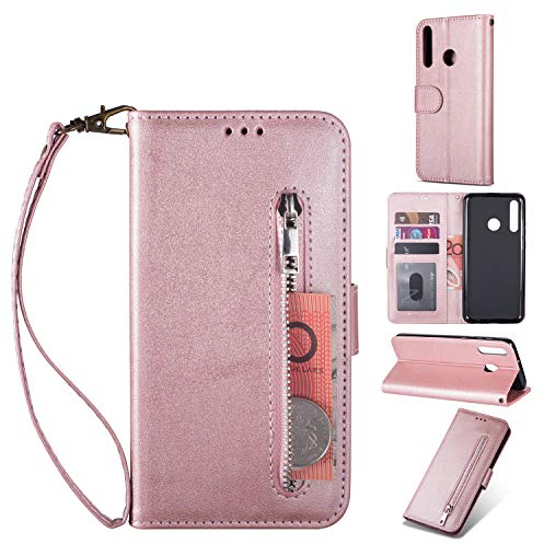 ZTOFERA Flip Case For HUAWEI P Smart 2019,Premium PU Leather Stand Wallet Card Slots Magnetic Protective Bumper Case Cover,Zipper Case With Wrist Strap For HUAWEI P Smart 2019 - Rose Gold