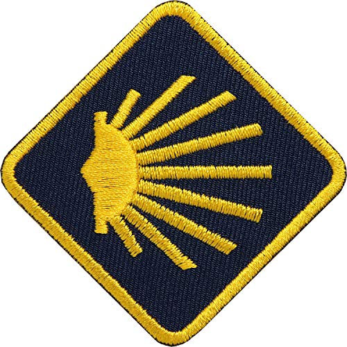 2 x Jakobsweg Aufnäher Aufbügler 46 mm gestickt mit Jakobsmuschel/Camino de Santiago Frances Portugues Norte Plata Ingles Finisterre/Patch Flicken Pilger Pilgerweg Reiseführer (Muschel)