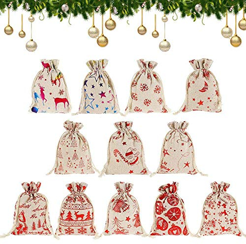 Feliciay 24 Stück Jutesäckchen Adventskalender, Adventskalender zum Selber Befüllen, Kordelzug Geschenkbeutel Säcke für Adventskalender, Jutesack Geschenkbeutel Weihnachten für Candy