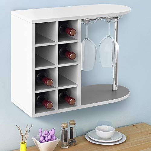 BAKAJI Scaffale Cantinetta Bottiglie Vino Liquori da Parete o Tavolo, Struttura in Legno Cantina con 2 Ripiani 8 Posti Portabottiglie e Rastrelliera Porta Calici in Metallo 42x52x28 cm (Bianco)