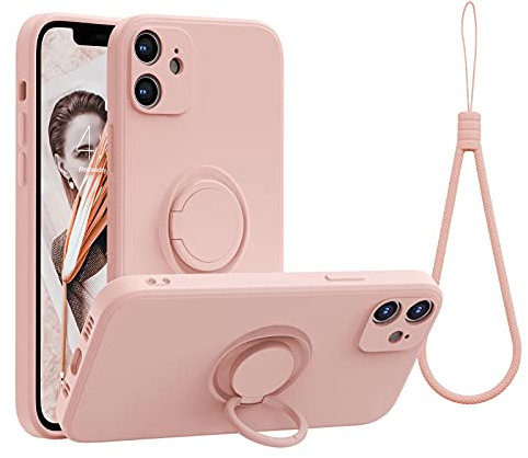 abitku Compatible with iPhone 12 Mini Case, Silicone with 360°Ring Kickstand Holder (Support Magnetic Car Mount) Soft Silk Microfiber Cloth Designed for iPhone 12 Mini 5.4 inch 2020 (Pink)