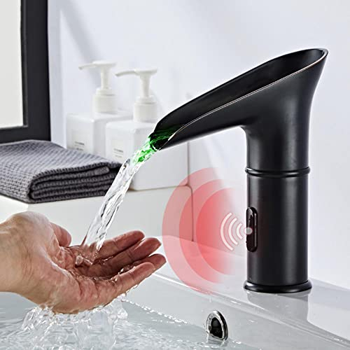 Rétro Mitigeur Lavabo Automatique à Infrarouge Eau Froide et Chaude Robinet Mitigeur Lavabo Cascade Led Changement de Couleur Robinet Automatique avec Capteur Infrarouge-Noir Antique_Bas