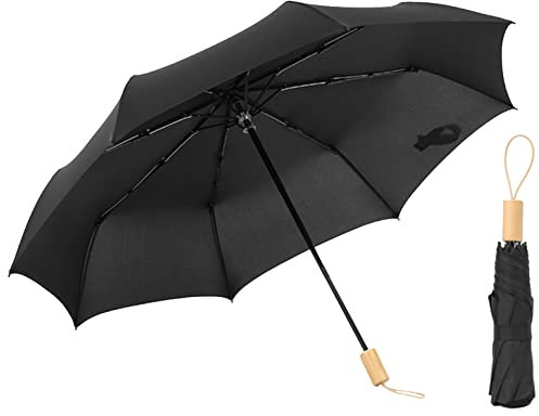 XuanMax Handbuch Regenschirm mit Holzgriff 8 Rippen Winddicht Taschenschirm Sturmfest Taschenregenschirm Tragbar Reise Schirm Klappschirm Kompakt Robust für Damen Herren Erwachsene Kinder - Schwarz